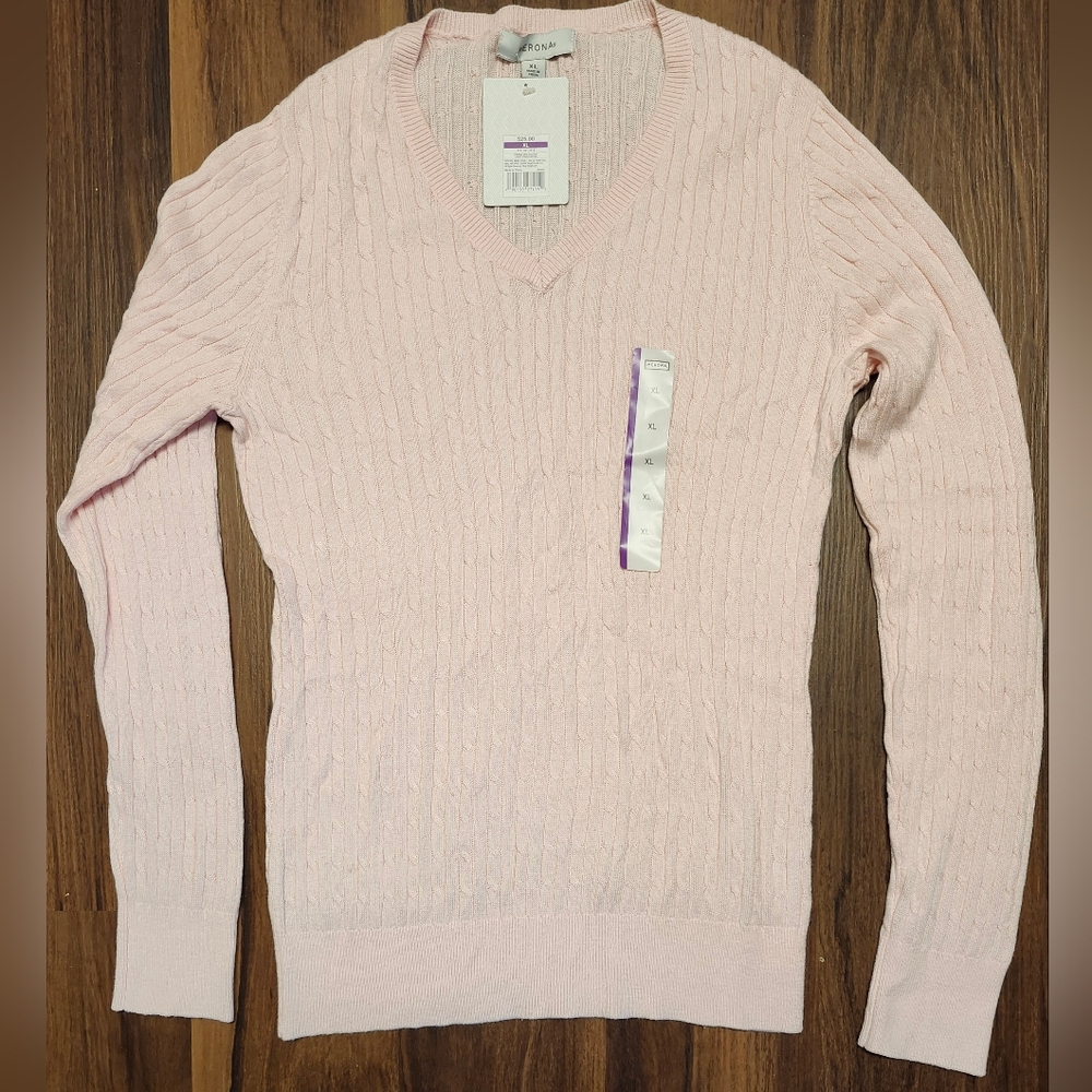 NWT Womens Sz XL Merona Y2K 2009 Cable Knit V-Neck Light Pink Sweater
